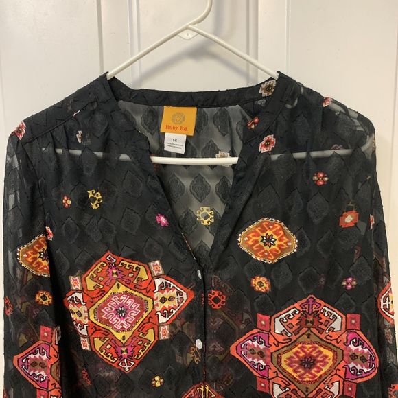 Ruby Rd Semi-Sheer Black Multi-color Geometric Print V-Neck Blouse Sz 14 - Picture 4 of 7
